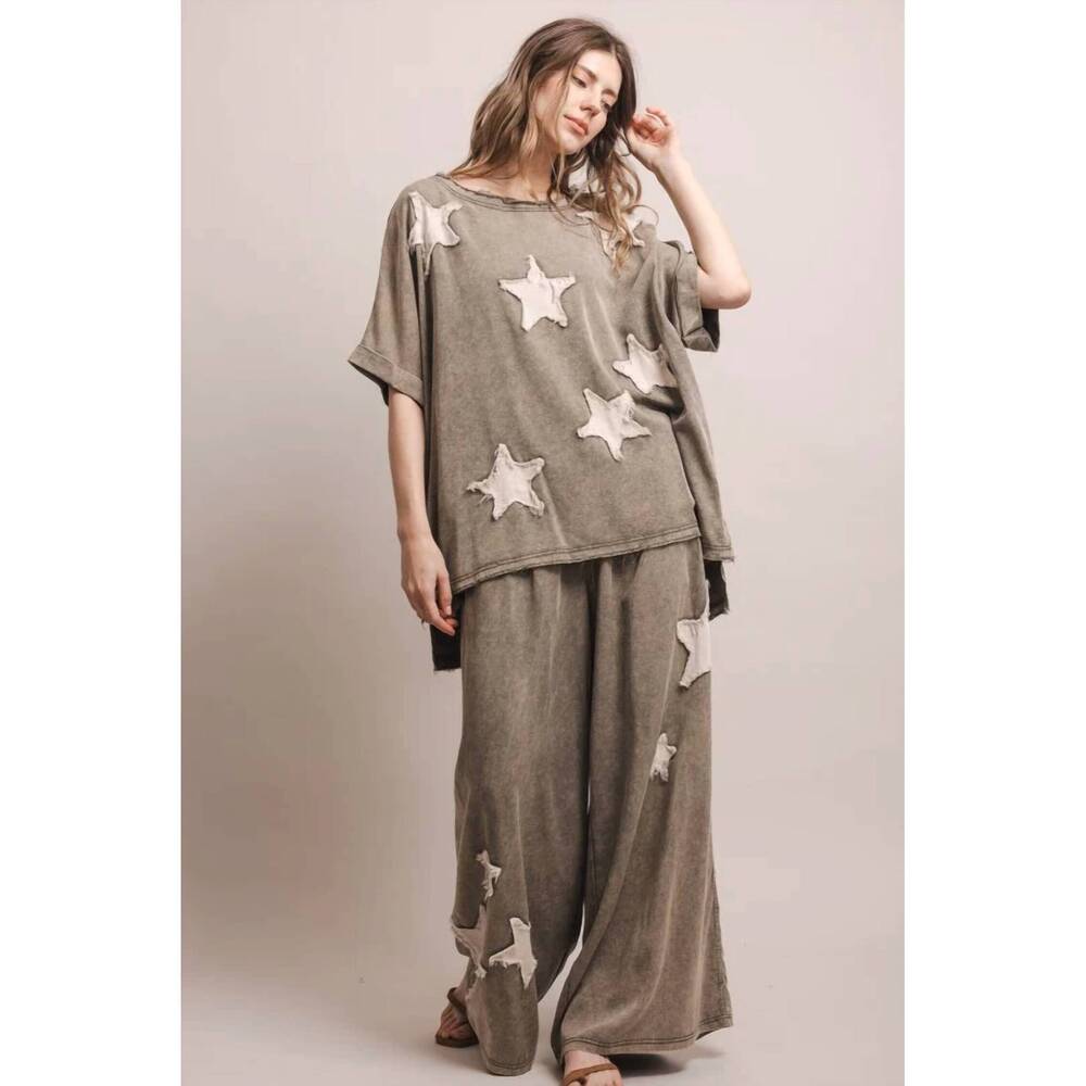 NEW BLUE VELVET star patch work short sleeve top and wide leg pant set in olive